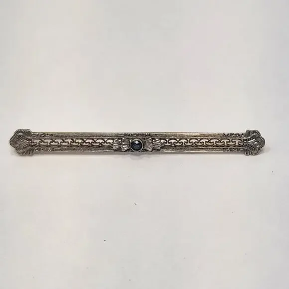 Art Deco Antique 10k White Gold Filigree Bar Pin Brooch Blue Sapphire Edwardian - Picture 1 of 10